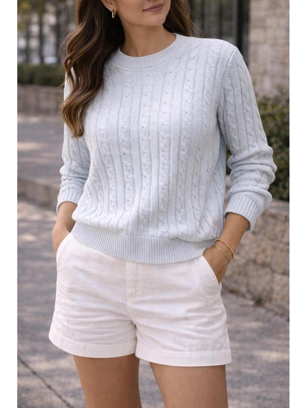 Anne Klein Sport Sweater Womens Small Blue Cable Knit Crew Neck Preppy Soft